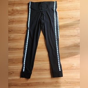 PINK high waisted black leggings with white stripe and embellished sides